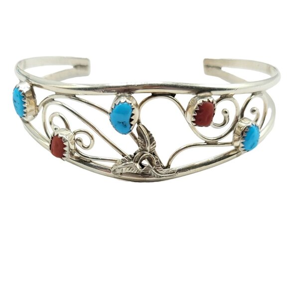 Sterling Silver Navajo Native American Turquoise Coral Cab Scroll Cuff Bracelet